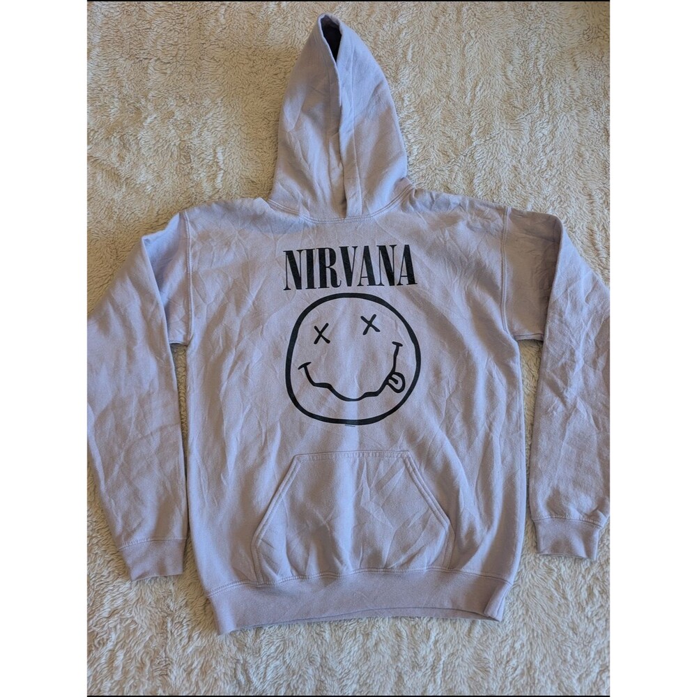 Nirvana‎ Smiley Face Hoodie Light Lavender 90s grunge alternative music band
